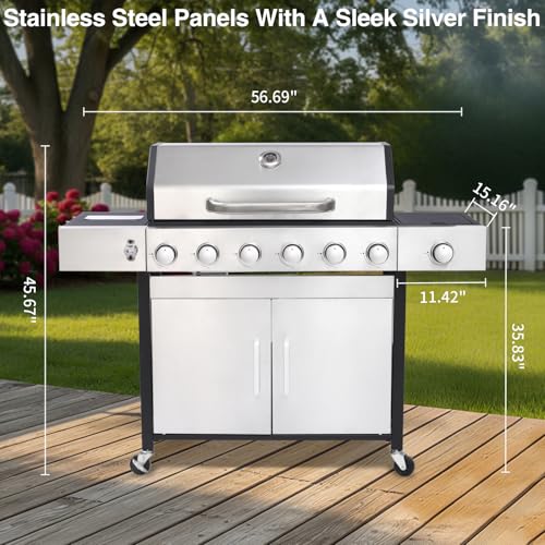 GRILL DEPOTS 6 Burner Propane Gas Grill with Side Burner, Cast Iron Grates, Plate, Lid and Warming Rack, Large Cabinet Style BBQ Grill for Barbecue Grilling Backyard Cooking, 620 SQ. IN. Cooking Area