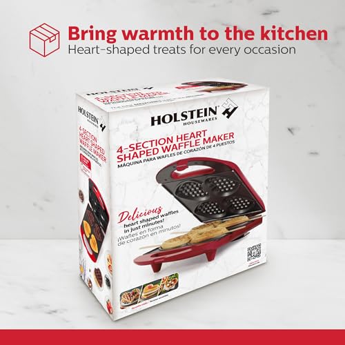 Holstein Housewares 4-Section Heart Shaped Waffle Maker, Non-Stick Waffle Iron, Mini Waffle Maker for Kids, Non-Toxic Coating, Easy to Clean, Makes 4 Heart-Shaped Waffles in Minutes, Red