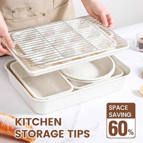 Vinino 8-Piece Baking Pans Set Nonstick, Bakeware Set includes Silicone Muffin, Loaf, Cake Pans with Metal Reinforced Frame, and Carbon Steel Roasting Pan, Cookie Sheet, Cooling rack for Oven-Cream