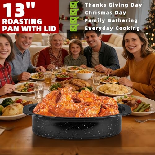 DIMESHY 13Inch Roasting Pan, Enamel on Steel, Black Covered Oval Roaster Pan with Lid, Small Cookware for Turkey, Small Chicken, Roast Baking Pan.