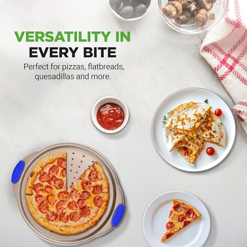 NutriChef 13-Inch Non-Stick Pizza Tray - with Silicone Handle, Round Steel Non-stick Pan with Perforated Holes, Premium Bakeware, Pizza Tray with Extended Handles, Dishwasher Safe - Champagne Gold