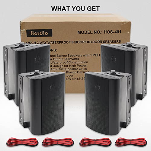 Herdio Passive Outdoor Speakers Wired Waterproof, 4 Inches 2-Way 400W Wall Mounted Speakers with Dome Tweeter, All-Weather Durability, for Patio Porch Backyard (2Pairs, Black)