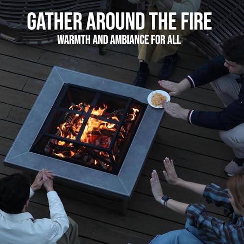 WILDMOS Firepits for Outside,Wood Burning Fire Pit with Wood-Grain Side Panels,Firepit for Outside with Mesh Cover & Fire Poker,Square Modern Outdoor Fireplace Fire Table. (Countryside)
