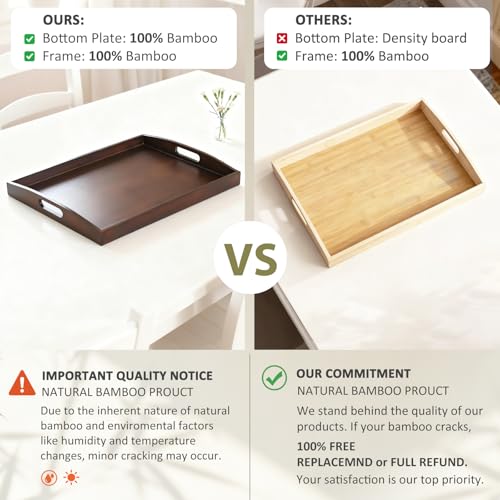 Bamboo Serving Tray with Handles, Set of 2 Wood Serving Trays for Food & Coffee, Elegant Wooden Tray for Breakfast in Bed, Kitchen & Party & Entertaining - Black Walnut Finish