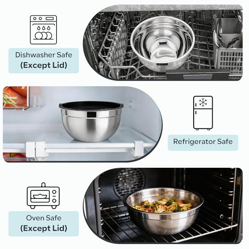 E-far Mixing Bowls With Lids Sets of 5, 10-Piece Stainless Steel Salad Metal Nesting Bowl for Baking Cooking and Prepping, Airtight Lid & Stackable Design, Size 4.6, 3, 2.1, 1.5, 0.7 QT, Black