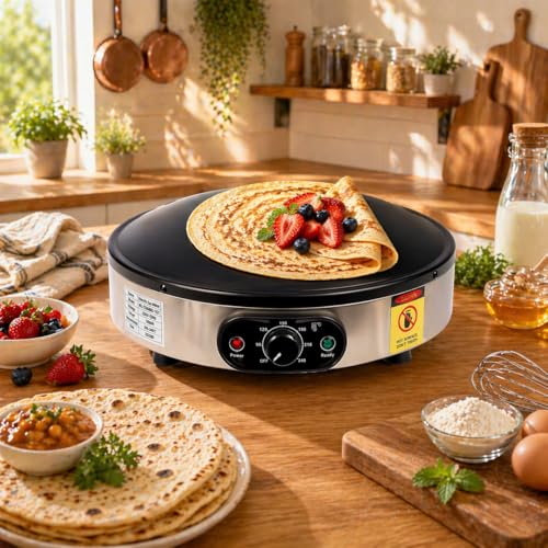 SuYiFan Crepe Makers, 16-Inch Electric Roti and Tortilla Maker, 1600W Large Non-Stick Convex Dome Griddle, Commercial Grade Saj Bread Maker & Crepe Machine, Adjustable Temp up to 460°F,Stainless Steel