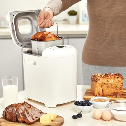 Amazon Basics Programmable Bread Maker, 2 Pound Non-Stick Automatic Bread Making Machine, 14 Settings for Breads, Doughs, Gluten-Free Options, ExpressBake, 3 Crust Colors, LCD Display, White