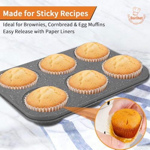 Barlket 2 Pack Jumbo Muffin Pan, 6 Cup Large Cupcake Pan with Speckled Granite Coating and Paper Liners, Professional Nonstick Carbon Steel Muffin Tin for Baking Muffins Frittatas Cupcakes, Grey