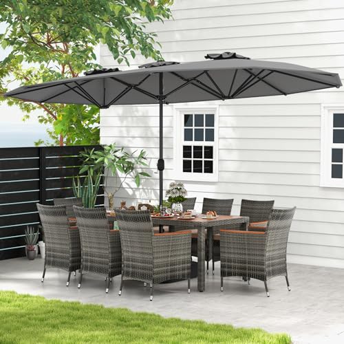 Tangkula 10 Pieces Patio Wicker Dining Set w/Double-Sided Patio Umbrella, Outdoor Acacia Wood Furniture Set w/ 8 Armchairs, 71” Dining Table & 15 ft Umbrella with Weighted Base (Gray)