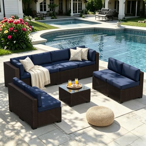 SHGJ&SOFT 9 Piece Patio Furniture Set, Modular Sectional Sofa, Blue