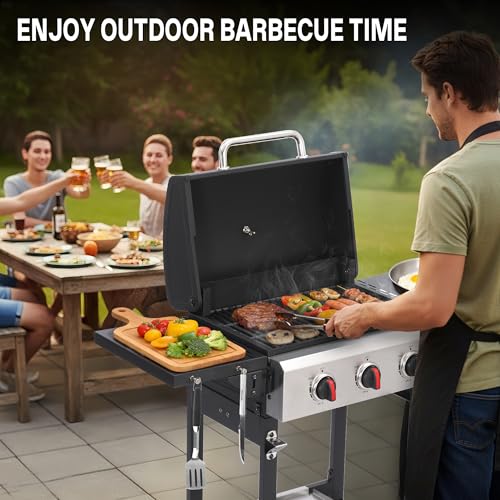 LMNOCHM Propane Grill with Folding Side Tables, 3-Burner Gas Grill with Porcelain-Enameled Cast Iron Grates and Stainless Steel Grill Pan, 30,000 BTU BBQ Grill with Wheels for Outdoor Cooking