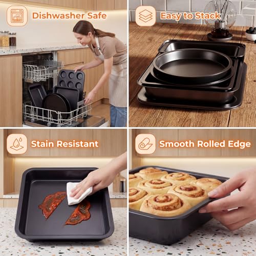 Baking Set, Nonstick Bakeware Sets,6 Pieces Baking Pans Set Including Roasting Pan Cookie Sheet Cake Pan Loaf Pan Muffin Pan, Oven & Dishwasher Safe Carbon Steel