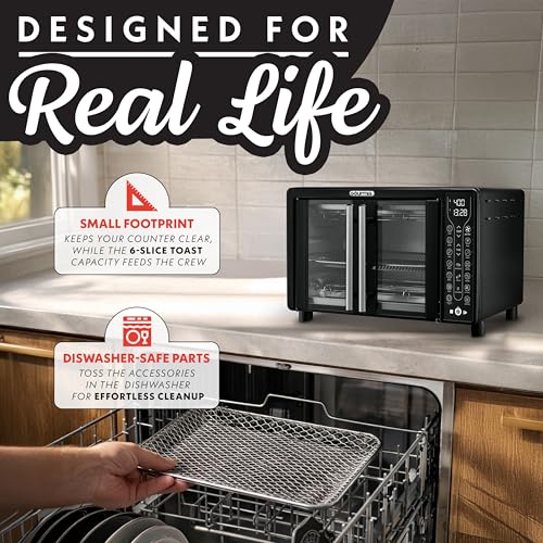 Gourmia French Door Air Fryer Toaster Oven – 6-Slice Capacity, FryForce 360°, Digital Display with 17 Cooking Presets, Black