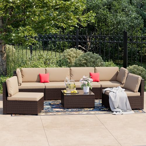 LHBcraft 7 Pieces Outdoor Furniture Set, Wicker Furniture Patio Conversation Sets with Tea Table and Thickened Beige Cushions, Outdoor Patio Sectional Sofa for Garden, Poolside, Backyard