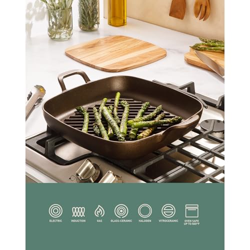 Bloomhouse - Two Time Oprah's Favorite Things Winner - Natural Bronze Finish 12" Square Cast Iron Grill Pan – Olive Oil Treated Surface w/Dual Handles & Olive Wood Trivet, Oven Grill Campfire Safe