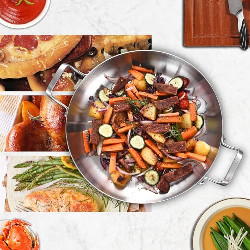 Inqibee 13 Inch Stainless Steel Paella Pan with Lid, Large Frying Pan Skillet with Double Riveted Handles, Wide Shallow Paellera for Stovetop, Induction Compatible, Oven Safe, Dishwasher Safe