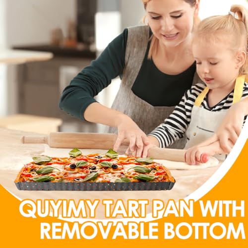Quyimy Rectangle Tart Pan with Removable Bottom, 14 Inch Perforated Tart Quiche Pan Nonstick Pie Pan with Oil & Dish Brush, Baking Tray with Loose Bottom for Fluted Pies, Quiche,Tart