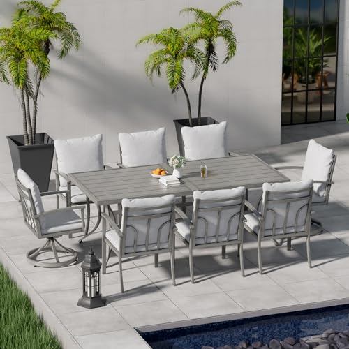 HAPPATIO 9-Piece Patio Outdoor Dining Set - All Aluminum Patio Table and Chairs Set for 8 Includes 1 Rectangular Table, 6 Dining Chairs, and 2 Swivel Chairs with Cushions for Lawn, Garden