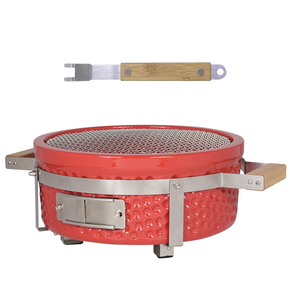AUPLEX Yakitori Ceramic Charcoal Grill, Square Japanese Style Tabletop BBQ Gill With Grid Lifter For Indoor/Outdoor, 16"x9", Red