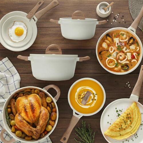 USELUCK Pots and Pans Set Non Stick Non-Toxic 22 Pcs Ceramic Cookware Sets Nonstick Kitchen Pot&Pan With Lid Cream White Granite Induction Compatible with Glass Lids Crepe Frying Pan PFOA/PFOS-Free