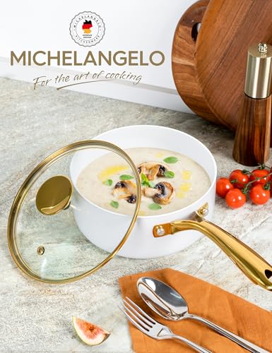 MICHELANGELO 2 Quart Saucepan with Lid, Nonstick Ceramic Sauce Pan with Ergonomic Handle, 2 Qt Small Pot, Oven-Safe, Induction-Compatible, White