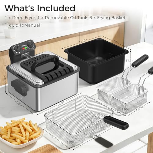OSTBA Electric Deep Fryer with 3 Baskets, 1700W Stainless Steel Oil Fryer, 4.75QT Countertop Fryer with Adjustable Temperature, Viewing Window, Odor Filter & Removable Oil Container