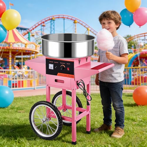 Commercial Cotton Candy Machine, 1000W Electric Floss Maker, Cotton Candy Machine With Stainless Steel Sugar Scoop And Drawer, For Carnival, Kids Birthday, Family Party,Pink W/Cart