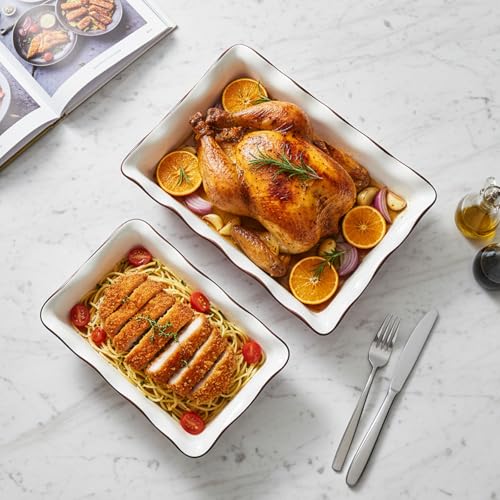 Acshio 2 Pack Ceramic Baking Dishes, Large Rectangular Casserole Dish Lasagna Pan for Oven, Nonstick Deep Serving Dishes Roaster Bakeware Sets for Cooking, Home, Kitchen
