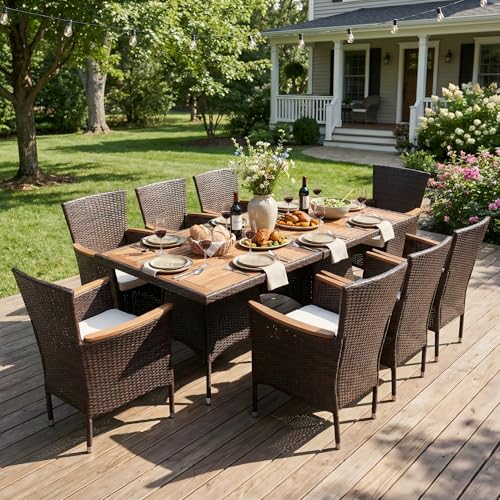 Wisteria Lane 10-Pieces Outdoor Patio Table and Chairs, Rattan Patio Table Set with Acacia Wood Tabletop, Patio Dining Furniture Set for 8 with Removable Cushions for Deck Garden Backyard, Brown