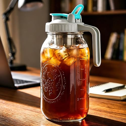 Mason Jar Cold Brew Coffee Maker 32 Oz Wide Mouth Cold Brew Pitcher 1 Quart Airtight & Leakproof Mason Jar Pitcher With Stainless Steel Fine Mesh Filter For Coffee, Iced Tea, Sun Tea, Lemonade