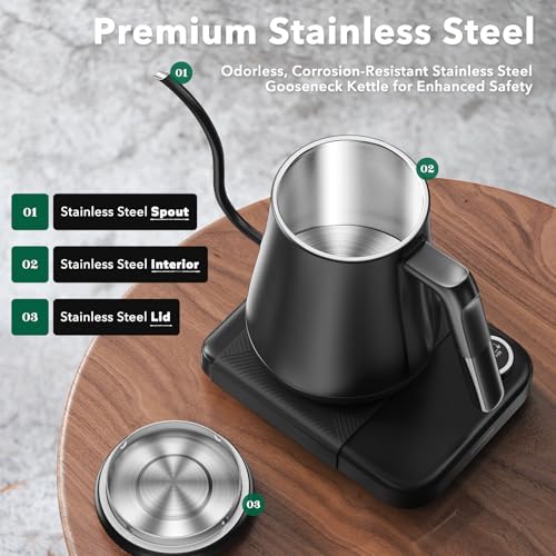 Gooseneck Electric Kettle HIYAKOI with ±1℉ Temperature Control, Pour Over Kettle for Coffee & Tea, 1200W Rapid Heating, Stainless Steel Water Boiler with 12H Keep Warm & Built-in Timer, 0.8L/27oz