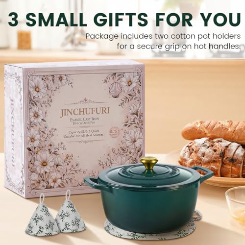 Enameled Cast Iron Dutch Oven - JINCHUFURI 5 Quart Cast Iron Dutch Oven Enameled Oven with Lid for Sourdough Bread Baking, Pre-Seasoned Pot Oven Safe