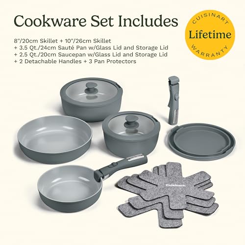 Cuisinart 13-Pc, ClickSmart Nonstick Detachable Handle Ceramic Cookware, Pots and Pans Set, Stackable Space-Saving Design, Compatible with All Stovetops, Induction & Oven Safe, PURELYCERAMIC