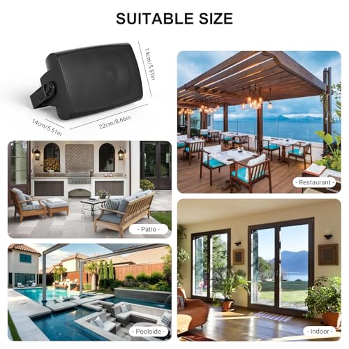 Herdio 4" Passive Outdoor Speakers Waterproof Wired, 200W Wall Mount Speakers with Superior Sound,Dual Swivel Brackets for Patio/Deck/Backyard (Pair, Black)