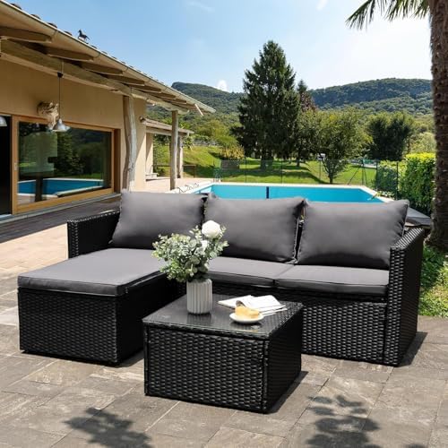 Shintenchi 4 Pieces Patio Furniture Sets, Outdoor Sofa Patio Sectional Sets All Weather, 2-in-1 Wicker Rattan Seating Sofa Couch with Cushions & Coffee Table for Yard, Garden, Porch, Poolside (Gray)