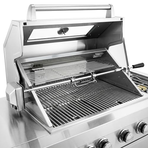 84-Inch Deluxe Stainless Steel Outdoor Kitchen Barbecue Island Grill, 5-Burner 75300 BTU, SS304 Material with Sink, Wine Cooler, Refrigerator, Granite Countertops & Rotisserie Kit, Silver (Silver)