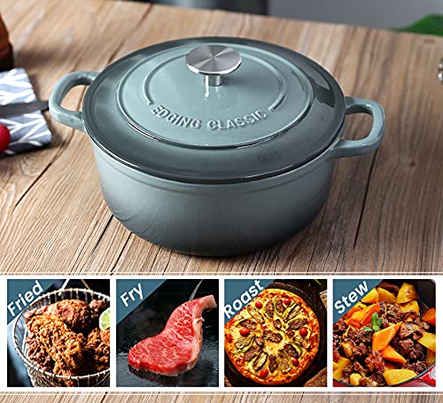 EDGING CASTING Enameled Cast Iron Round Dutch Oven with Lid Dual Handle Pot Bread Ovens, 7 Quart, Slateblue