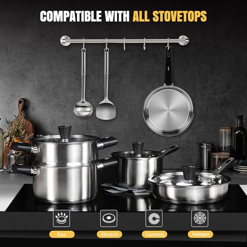 Meythway 14-Piece Stainless Steel Cookware Set for Induction Stovetops – Non-Toxic Pots & Pans with Stay-Cool Handles, Glass Lids, Steamer, Pot Mats & Utensils – Dishwasher Safe Kitchen Cookware