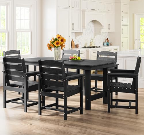 SERWALL 7-Piece Patio Dining Table Sets, Outdoor HDPE Dining Furniture Set with Umbrella Hole Cut-Out Table and 6 Chairs, Black