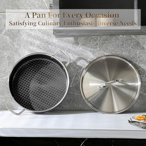 DELARLO Tri-Ply Stainless Steel Braiser Pan with Lid Nonstick 6 Quart Cooking Pot Induction Rondeau Deep Frying Pan,Large Saute Pan,Heavy Duty,Dishwasher and Oven Safe to 550℉