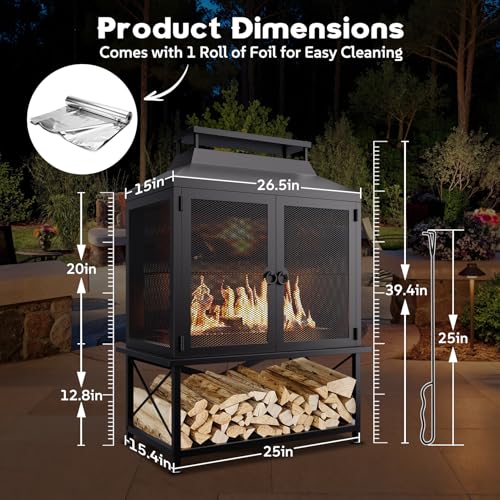 Large Outdoor Chiminea Fire Pit with Grill, Outdoor Fireplace, Outdoor Wood Burning Fireplace with Chimney, 360° Mesh Spark Screen Door, Fire Poker and Log Storage Rack for Patio Backyard