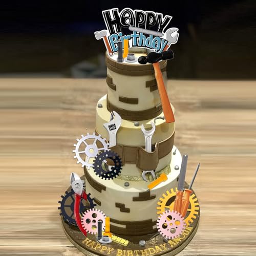 UFROMSKY 23pcs Tools Cake Toppers Toolbox Gear Wrench Hammer Drill Plier Cake Decorations with Happy Birthday Topper, for Boys Screwdrivers Themed Party Supplies