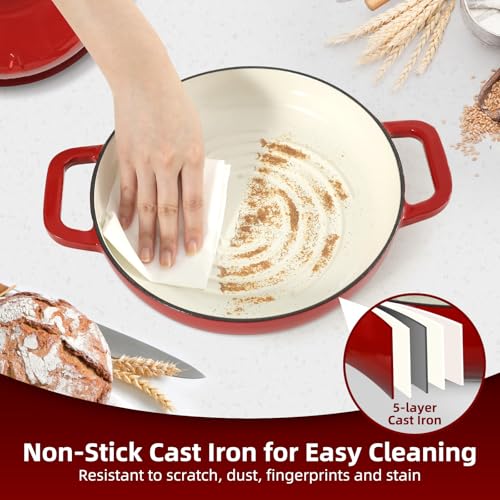 Davivy Sourdough Dutch Oven, 5QT Round Cast Iron Bread Oven, Bread Cloche Dutch Oven Bread Pan with Silicone Mini Pot Holders - Cherry Red