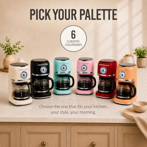Nostalgia Classic Retro 10 Cup Coffee Maker - One-Touch Drip Brew, Reusable Filter - Anti-Drip, Auto Shutoff, & Time Display - Dishwasher Safe 50 oz Carafe - Cream