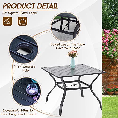 PHI VILLA 5 Piece Outdoor Dining Set with 10ft Umbrella, 37" Square Metal Dining Table & 4 Stacking Metal Chair with 3 Tier Navy Umbrella for Patio, Deck, Yard, Porch