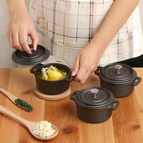 UCEHIPAW 6 Pcs Mini Dutch Oven with Lids and Dual Handles Round Small Iron Cocotte Pot Black Cast Iron Pot for Marinate Bake Refrigerate Cook Grill Garlic Roaster BBQ Stovetop Use (8 oz)