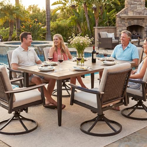 NATURAL EXPRESSIONS 7 Piece Patio Dining Set for 6 Outdoor Furniture Set,6 Pcs Outdoor Rattan Wicker Swivel Chairs with Woodgrain Armrest, 65" Large Dining Table with 1.65'' Umbrella Hole for Garden