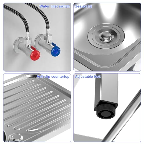 Stainless Steel Utility Sink Set, Freestanding Single Bowl Kitchen Sink, Outdoor Sink Station with Hose Hook Up, Storage Shelves for Garage, Restaurant, Kitchen, Laundry Room (Stainless Steel)