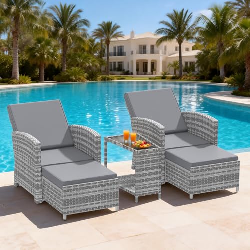 DECMICO 3-Piece Outdoor Wicker Chaise Lounge Set, Infinite Position Adjustable Backrest, Removable Cushion & Glass Side Table – Perfect for Yard, Garden, Backyard