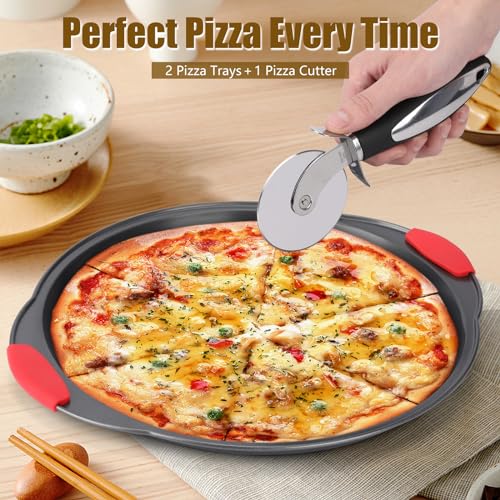YIDAZLE Pizza Pan for Oven (2 PACK), Pizza Baking Trays with Pizza Cutter, Non-Stick Pizza Baking Pan with Perforated Holes and Silicone Handle, Oven & Dishwasher Safe Carbon Steel